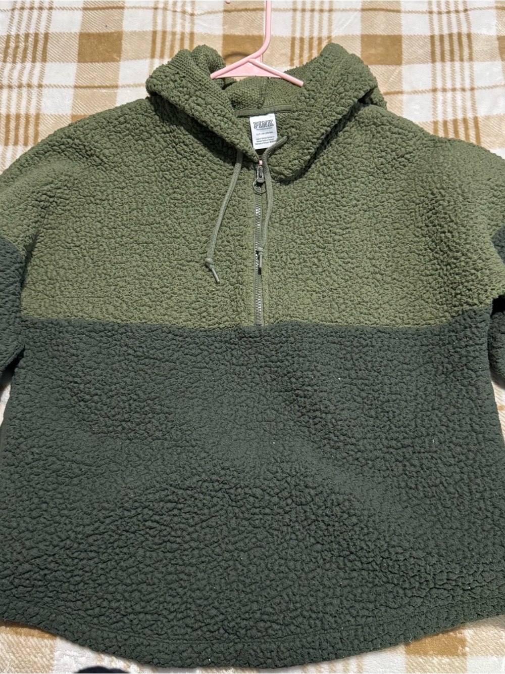 PINK Victoria's Secret Two-Tone Olive Green Sherpa Zip Hoodie